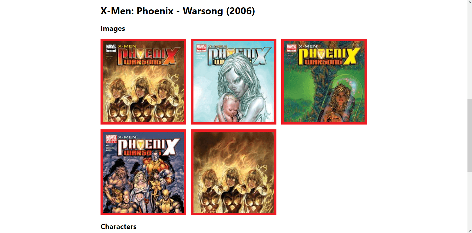 Screenshot of the comics details page showing some images.