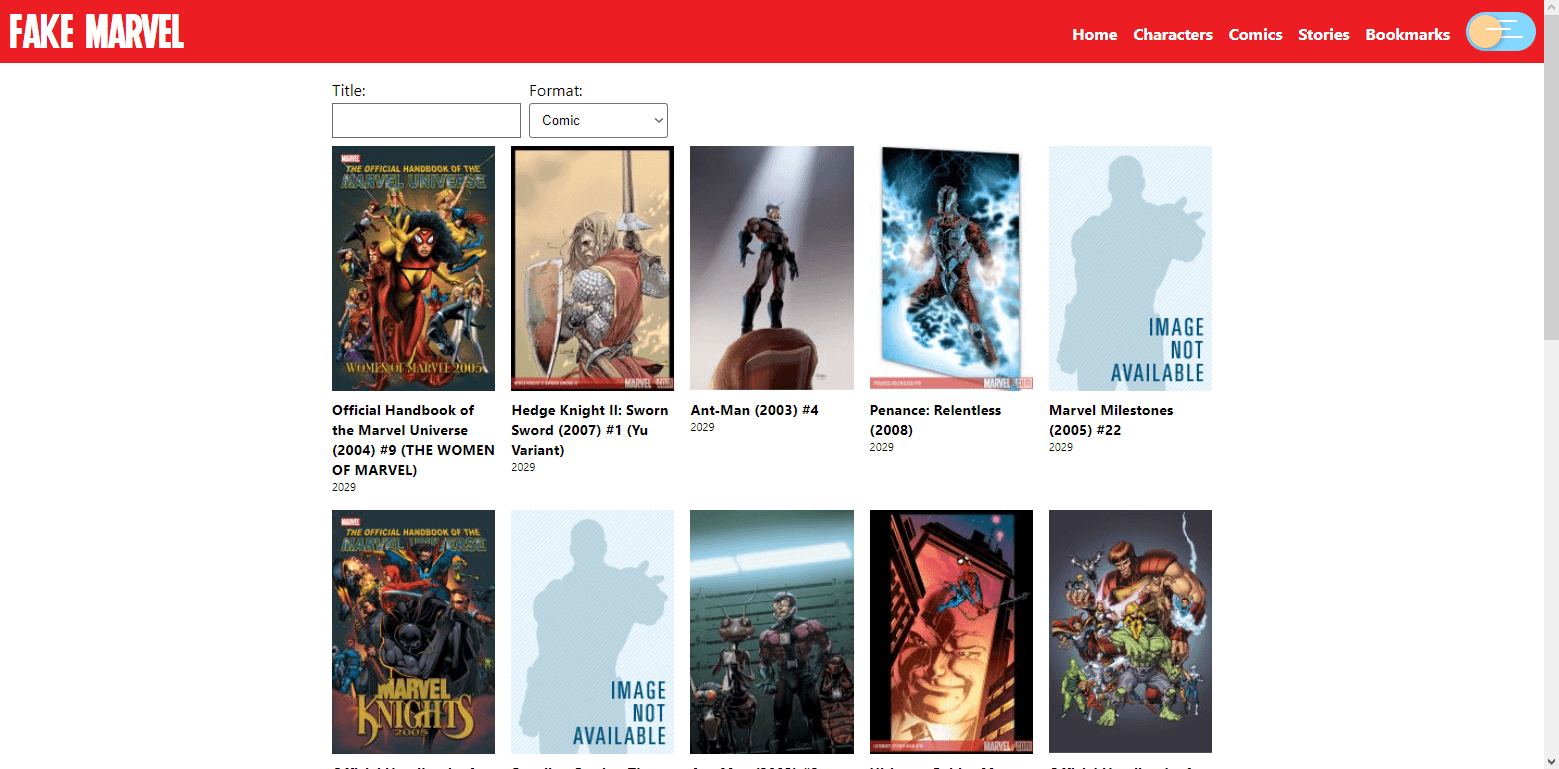 Screenshot of the comics page.