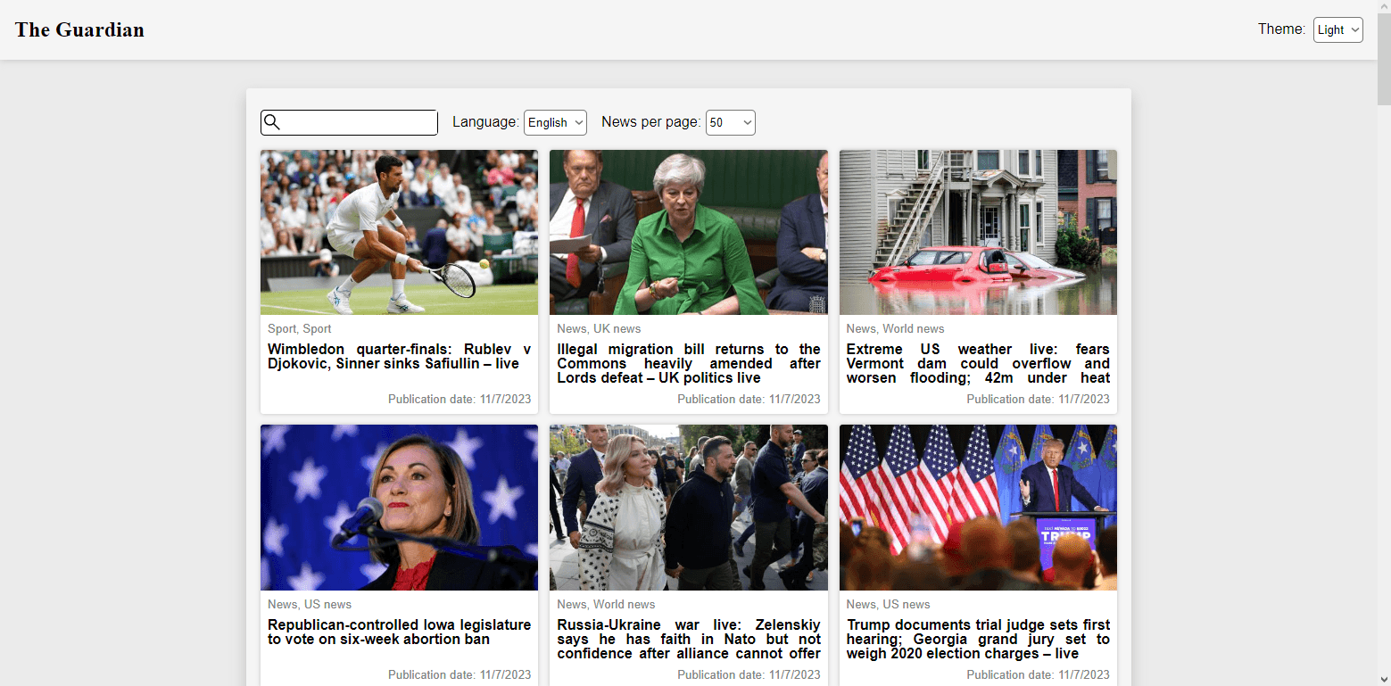 Screenshot of light theme of news app project.