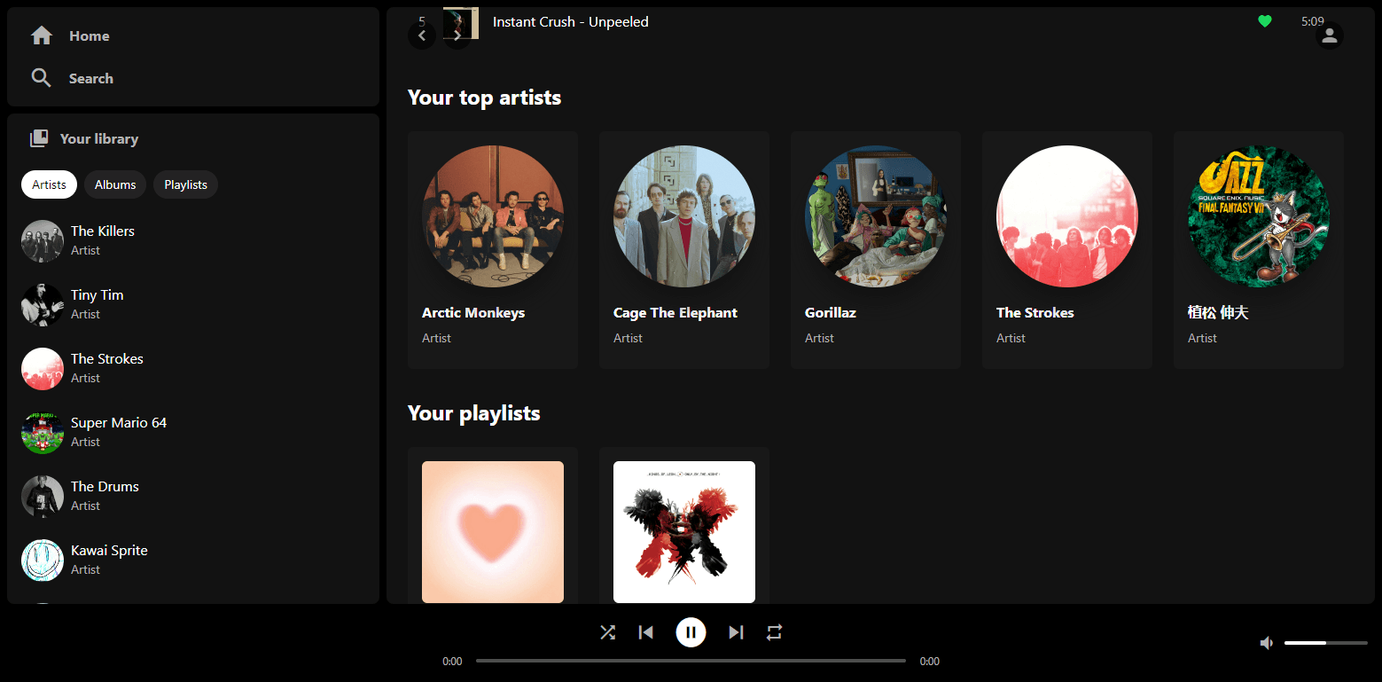 Screenshot of the profile page your top artists and your playlists sections.