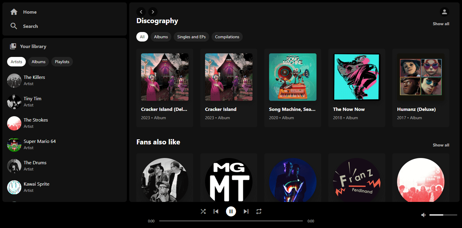 Screenshot de las secciónes discografia y a fans tambien les gusta de la pagina de artista.