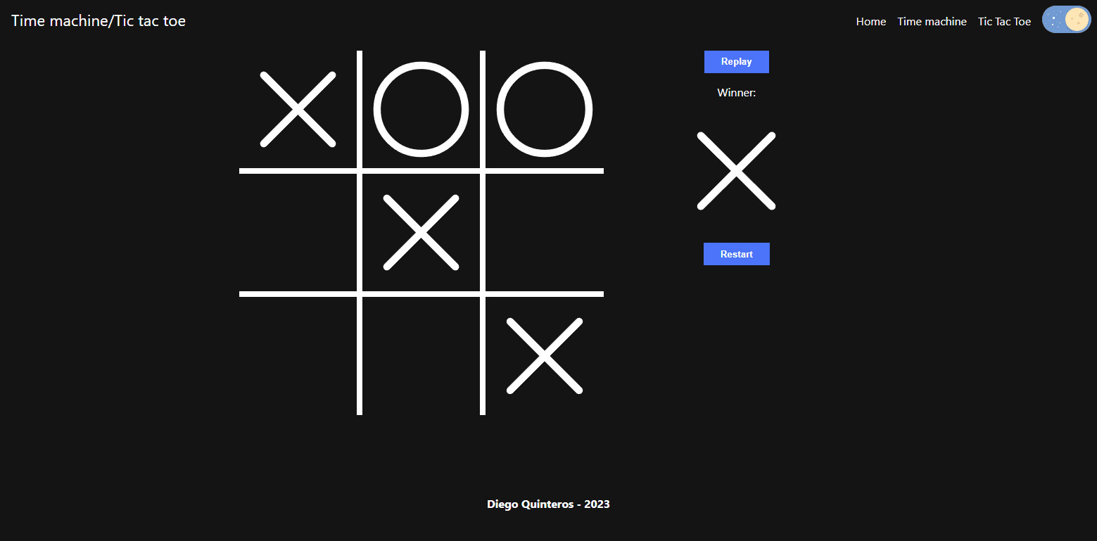 Screenshot of the tic tac toe page with the dark theme.